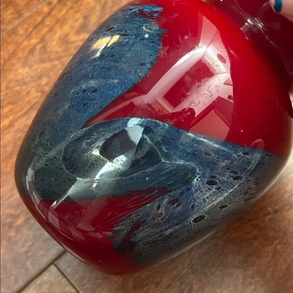 Michael Nourot Vintage Red Art Glass Vase with Colored Swirl, Signed by Artist